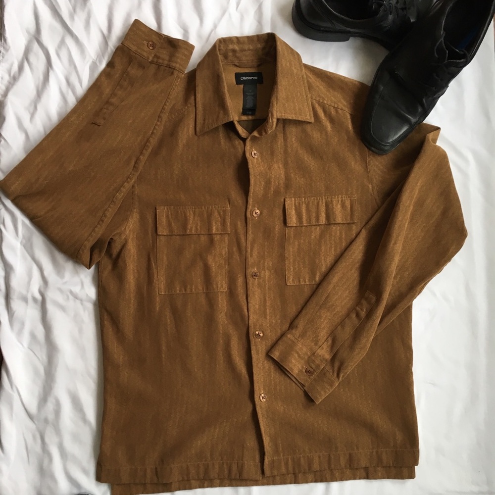 Men’s tan suede-like long-sleeve shirt